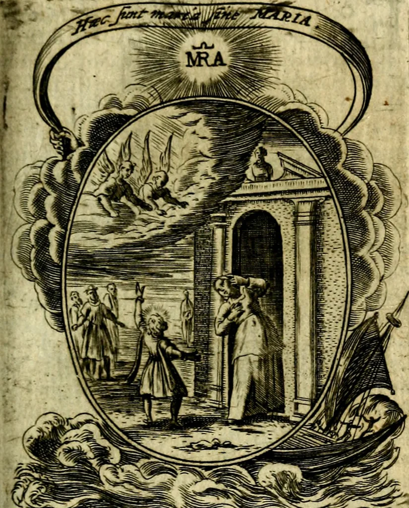 An illustration from Fasti Mariani cum illustrium diuorum imaginib. & elogijs prope DC. in singulos anni menses diésq SS. natales distributis, 1630, leaf 468