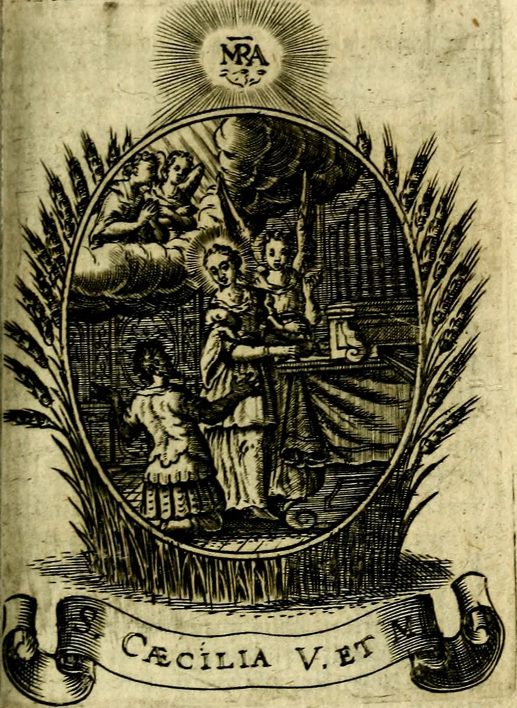 An illustration from Fasti Mariani cum illustrium diuorum imaginib. & elogijs prope DC. in singulos anni menses diésq SS. natales distributis, 1630, leaf 470