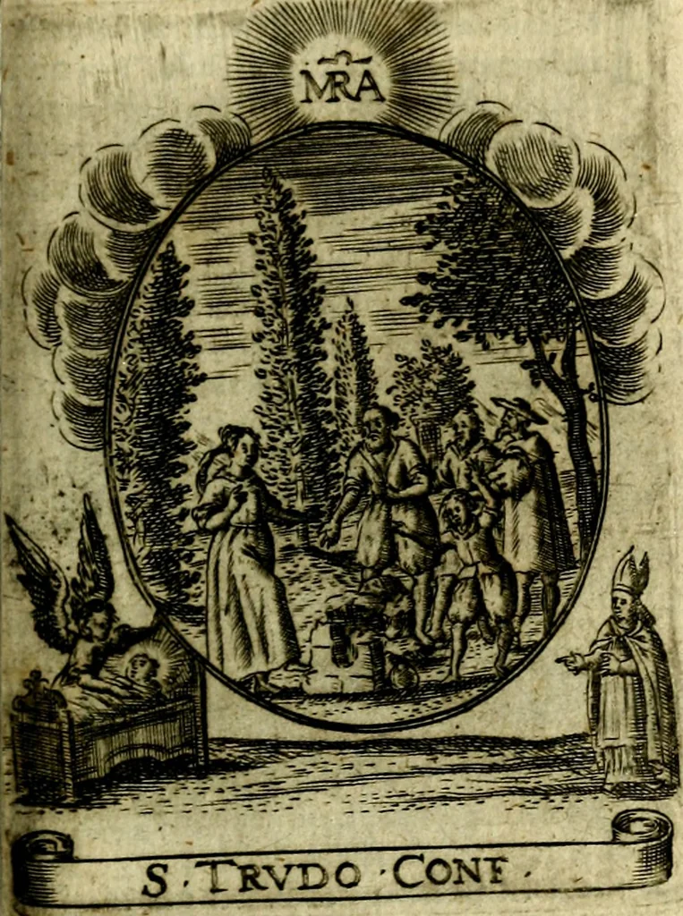 An illustration from Fasti Mariani cum illustrium diuorum imaginib. & elogijs prope DC. in singulos anni menses diésq SS. natales distributis, 1630, leaf 474