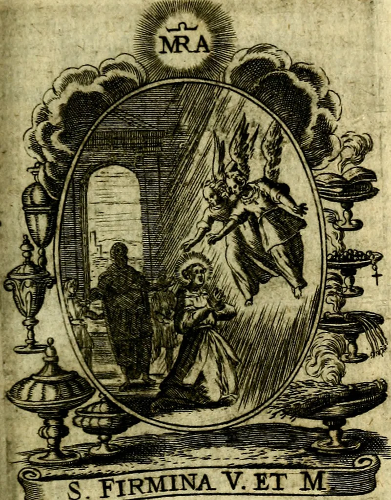An illustration from Fasti Mariani cum illustrium diuorum imaginib. & elogijs prope DC. in singulos anni menses diésq SS. natales distributis, 1630, leaf 476