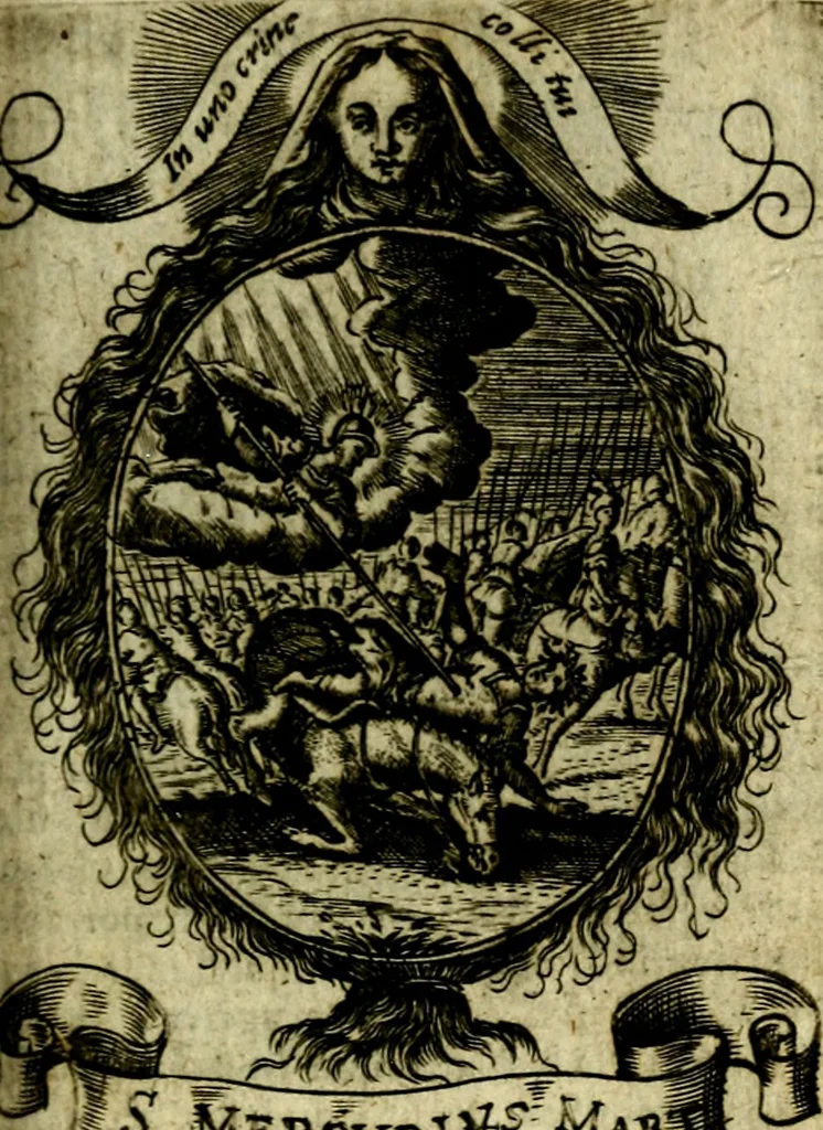 An illustration from Fasti Mariani cum illustrium diuorum imaginib. & elogijs prope DC. in singulos anni menses diésq SS. natales distributis, 1630, leaf 478