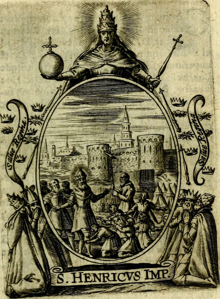 An illustration from Fasti Mariani cum illustrium diuorum imaginib. & elogijs prope DC. in singulos anni menses diésq SS. natales distributis, 1630, leaf 48