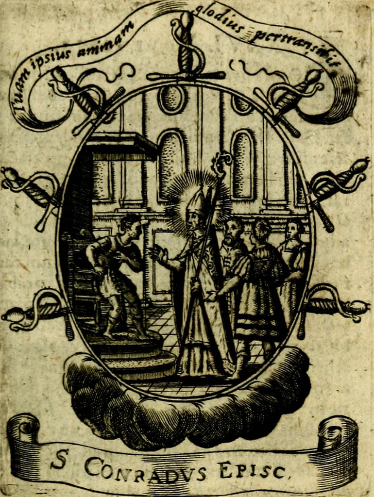 An illustration from Fasti Mariani cum illustrium diuorum imaginib. & elogijs prope DC. in singulos anni menses diésq SS. natales distributis, 1630, leaf 482
