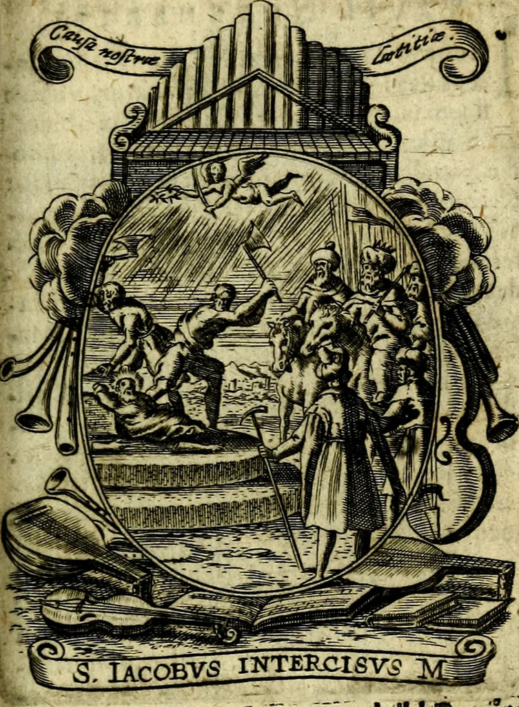 An illustration from Fasti Mariani cum illustrium diuorum imaginib. & elogijs prope DC. in singulos anni menses diésq SS. natales distributis, 1630, leaf 486