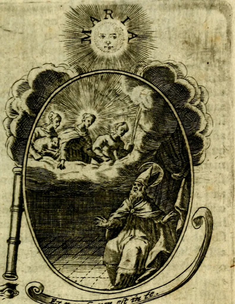 An illustration from Fasti Mariani cum illustrium diuorum imaginib. & elogijs prope DC. in singulos anni menses diésq SS. natales distributis, 1630, leaf 492