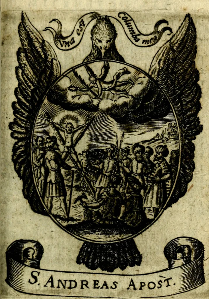An illustration from Fasti Mariani cum illustrium diuorum imaginib. & elogijs prope DC. in singulos anni menses diésq SS. natales distributis, 1630, leaf 494