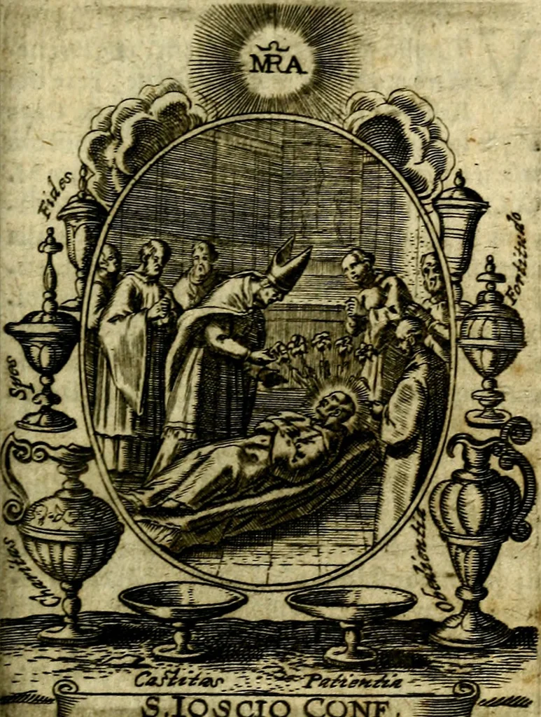 An illustration from Fasti Mariani cum illustrium diuorum imaginib. & elogijs prope DC. in singulos anni menses diésq SS. natales distributis, 1630, leaf 496