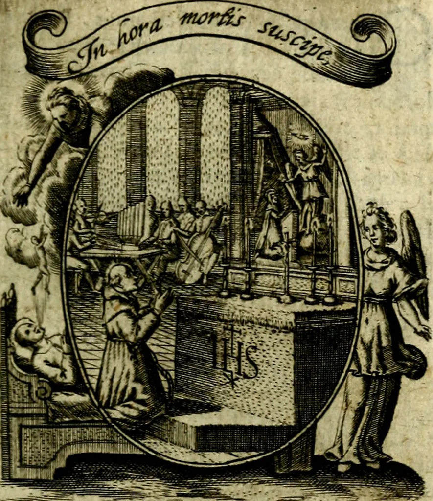 An illustration from Fasti Mariani cum illustrium diuorum imaginib. & elogijs prope DC. in singulos anni menses diésq SS. natales distributis, 1630, leaf 50