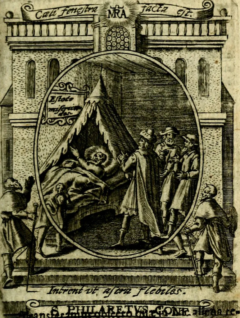 An illustration from Fasti Mariani cum illustrium diuorum imaginib. & elogijs prope DC. in singulos anni menses diésq SS. natales distributis, 1630, leaf 502