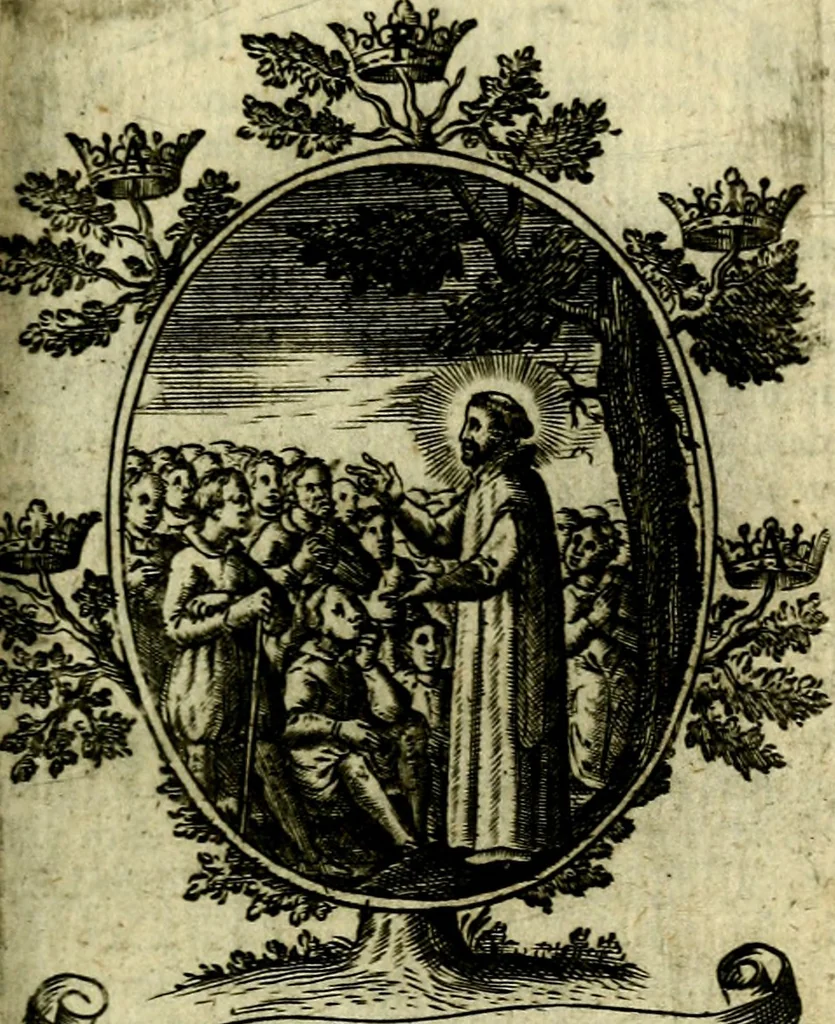 An illustration from Fasti Mariani cum illustrium diuorum imaginib. & elogijs prope DC. in singulos anni menses diésq SS. natales distributis, 1630, leaf 504