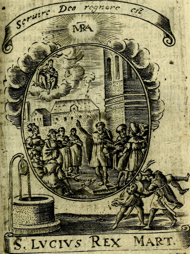 An illustration from Fasti Mariani cum illustrium diuorum imaginib. & elogijs prope DC. in singulos anni menses diésq SS. natales distributis, 1630, leaf 506