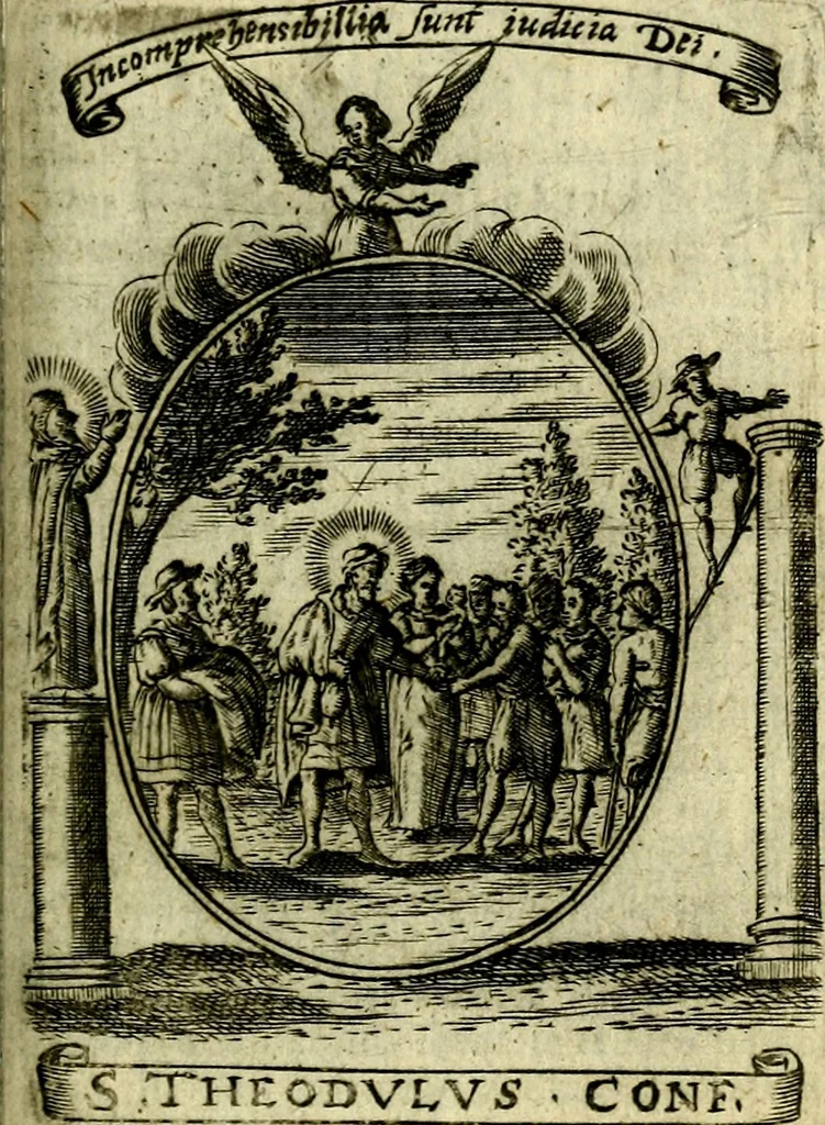 An illustration from Fasti Mariani cum illustrium diuorum imaginib. & elogijs prope DC. in singulos anni menses diésq SS. natales distributis, 1630, leaf 508