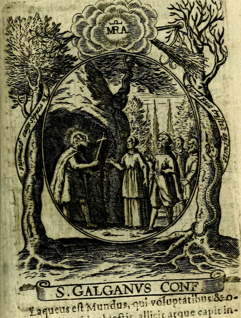 An illustration from Fasti Mariani cum illustrium diuorum imaginib. & elogijs prope DC. in singulos anni menses diésq SS. natales distributis, 1630, leaf 510