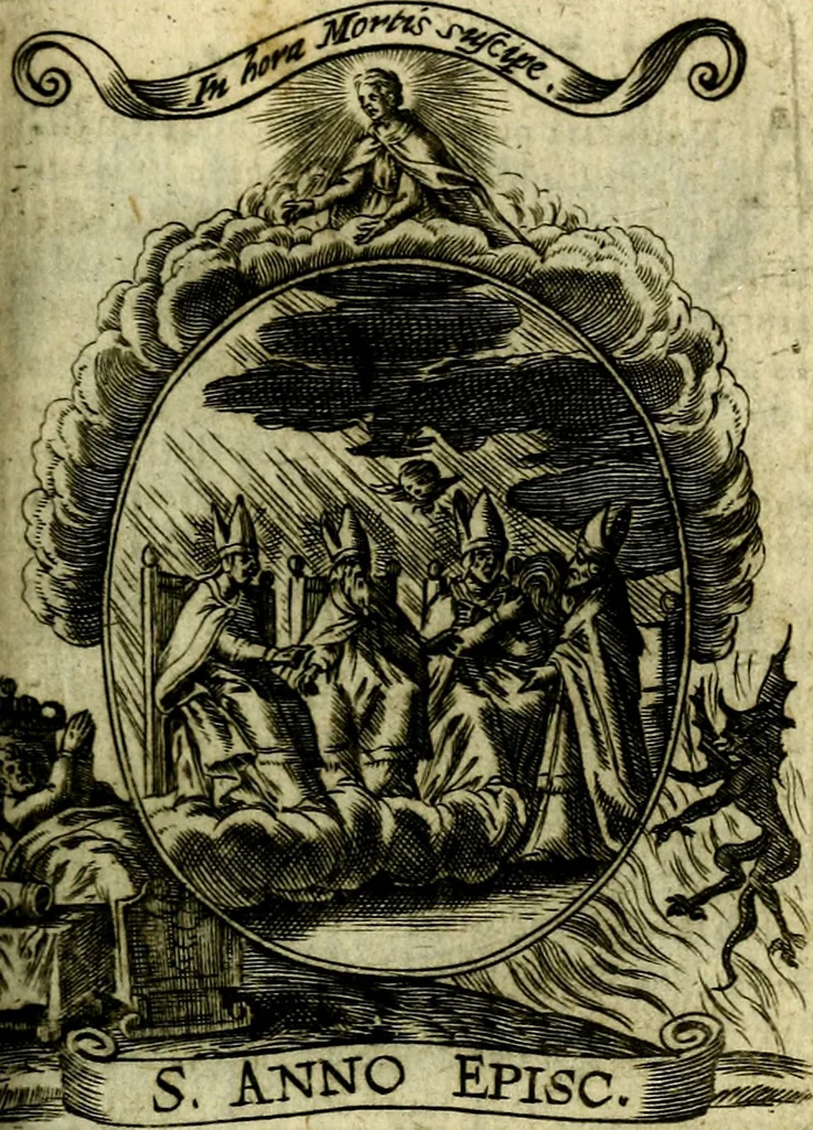 An illustration from Fasti Mariani cum illustrium diuorum imaginib. & elogijs prope DC. in singulos anni menses diésq SS. natales distributis, 1630, leaf 512
