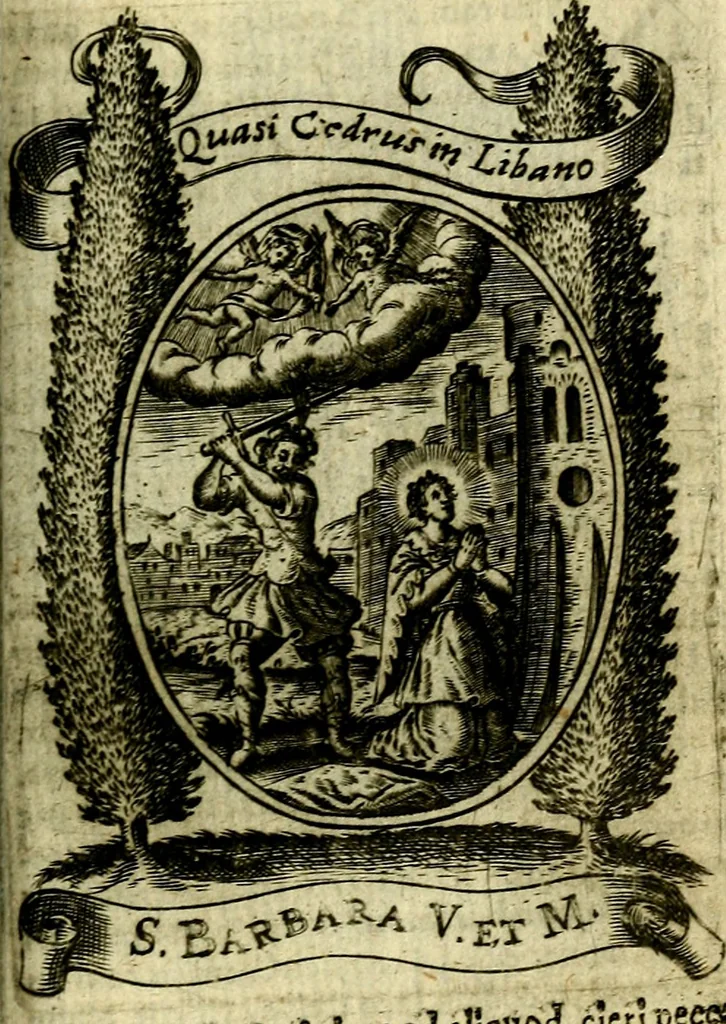 An illustration from Fasti Mariani cum illustrium diuorum imaginib. & elogijs prope DC. in singulos anni menses diésq SS. natales distributis, 1630, leaf 514