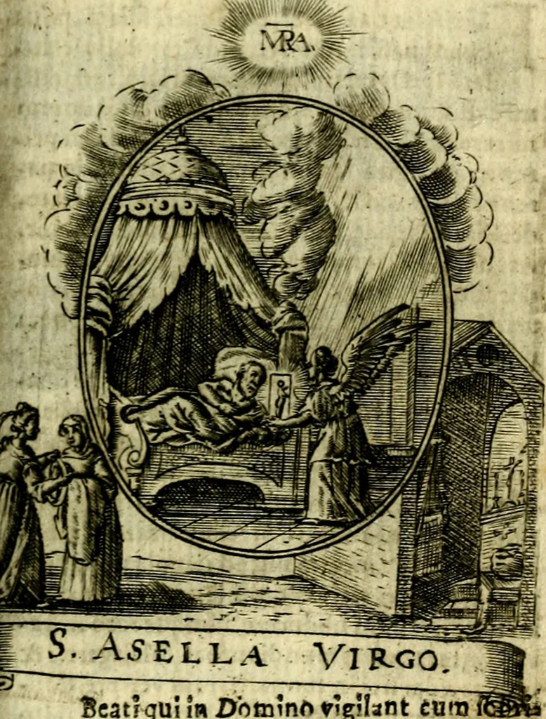 An illustration from Fasti Mariani cum illustrium diuorum imaginib. & elogijs prope DC. in singulos anni menses diésq SS. natales distributis, 1630, leaf 522