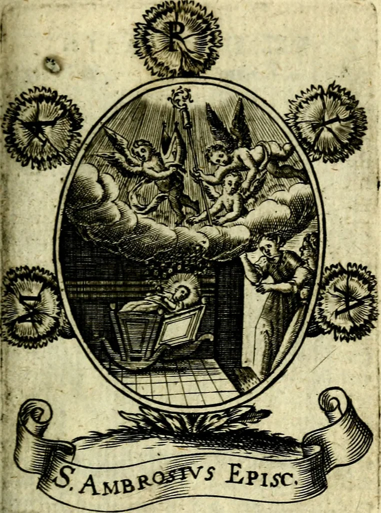 An illustration from Fasti Mariani cum illustrium diuorum imaginib. & elogijs prope DC. in singulos anni menses diésq SS. natales distributis, 1630, leaf 524