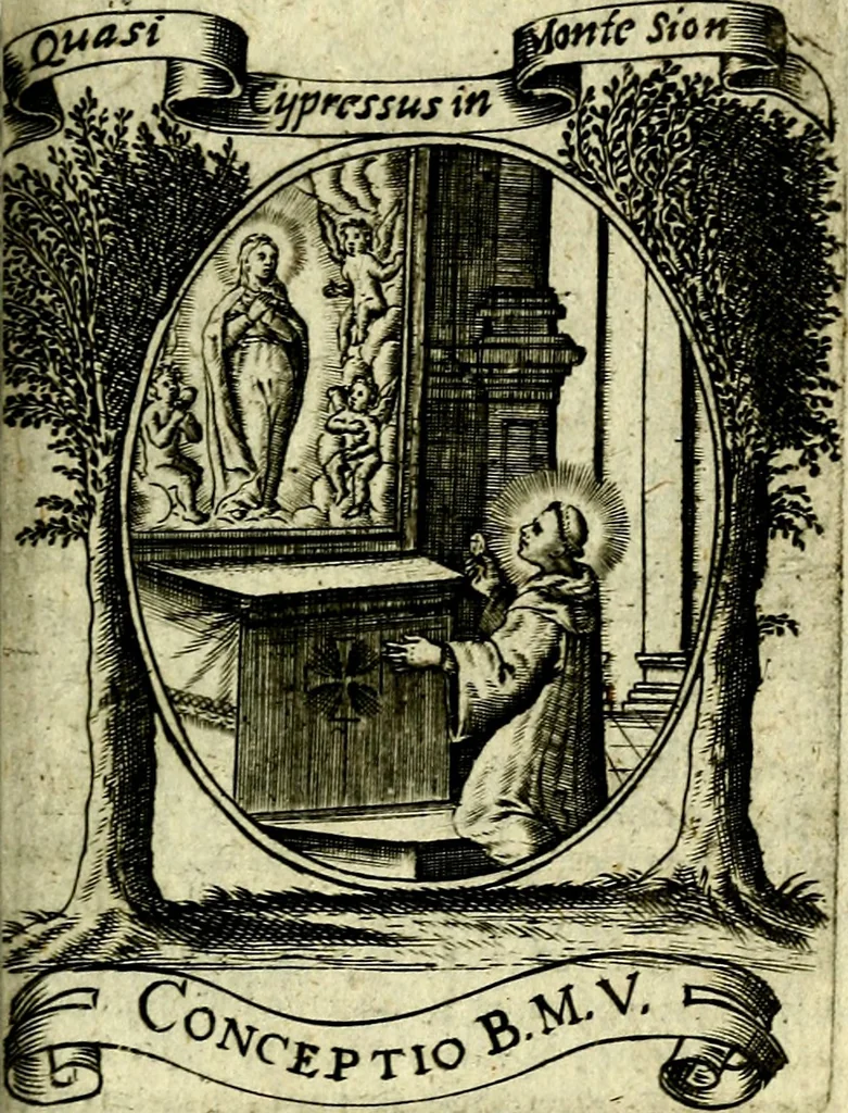 An illustration from Fasti Mariani cum illustrium diuorum imaginib. & elogijs prope DC. in singulos anni menses diésq SS. natales distributis, 1630, leaf 526