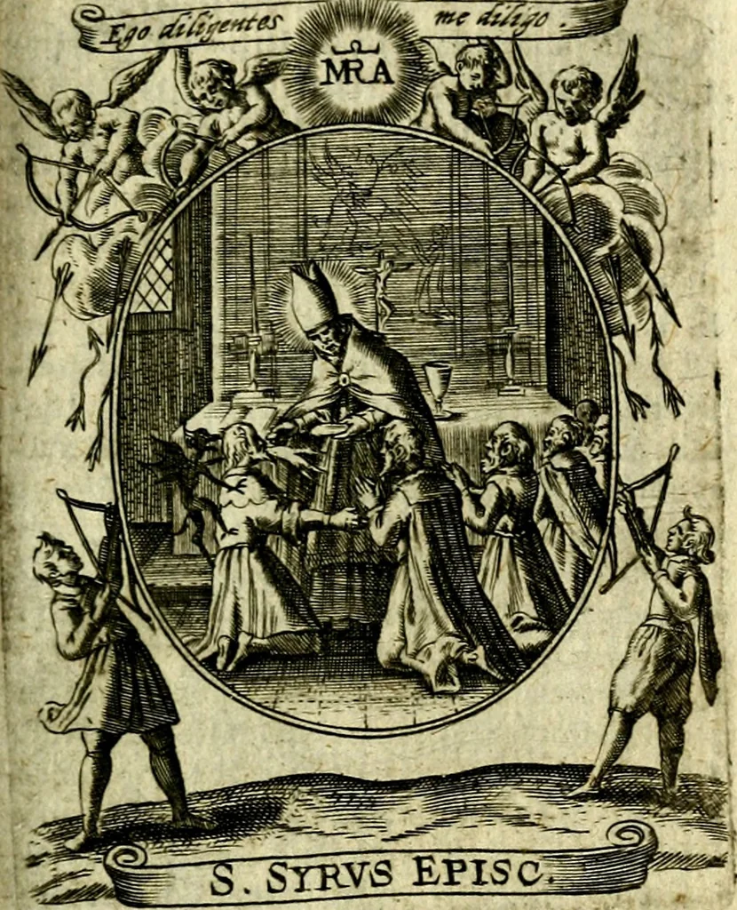An illustration from Fasti Mariani cum illustrium diuorum imaginib. & elogijs prope DC. in singulos anni menses diésq SS. natales distributis, 1630, leaf 528