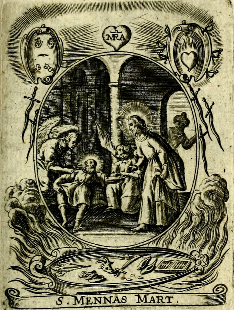 An illustration from Fasti Mariani cum illustrium diuorum imaginib. & elogijs prope DC. in singulos anni menses diésq SS. natales distributis, 1630, leaf 530