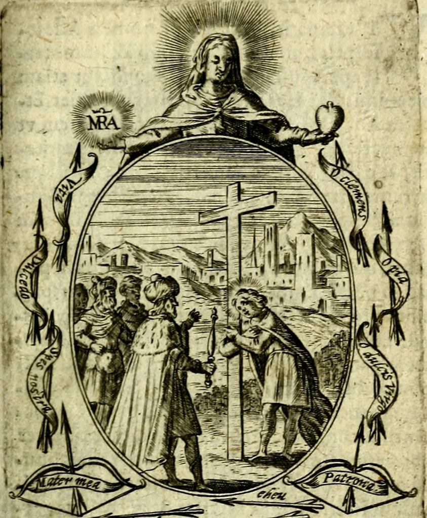 An illustration from Fasti Mariani cum illustrium diuorum imaginib. & elogijs prope DC. in singulos anni menses diésq SS. natales distributis, 1630, leaf 536