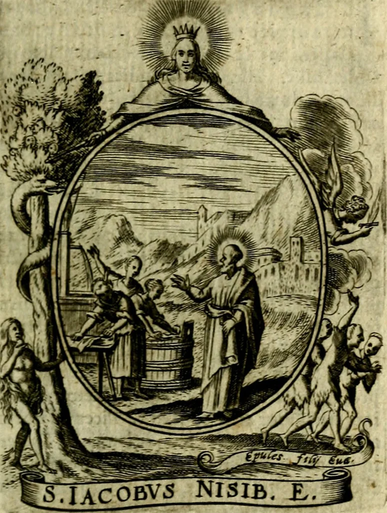 An illustration from Fasti Mariani cum illustrium diuorum imaginib. & elogijs prope DC. in singulos anni menses diésq SS. natales distributis, 1630, leaf 54