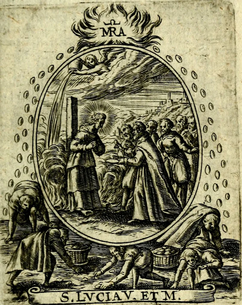 An illustration from Fasti Mariani cum illustrium diuorum imaginib. & elogijs prope DC. in singulos anni menses diésq SS. natales distributis, 1630, leaf 540