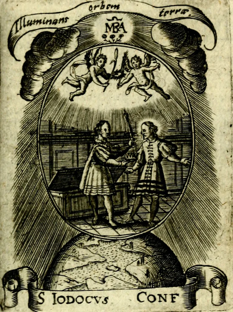 An illustration from Fasti Mariani cum illustrium diuorum imaginib. & elogijs prope DC. in singulos anni menses diésq SS. natales distributis, 1630, leaf 542