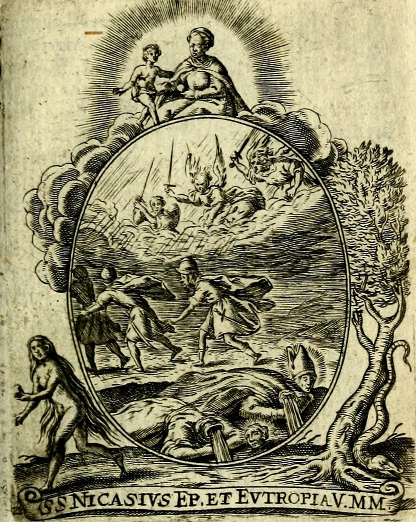 An illustration from Fasti Mariani cum illustrium diuorum imaginib. & elogijs prope DC. in singulos anni menses diésq SS. natales distributis, 1630, leaf 544