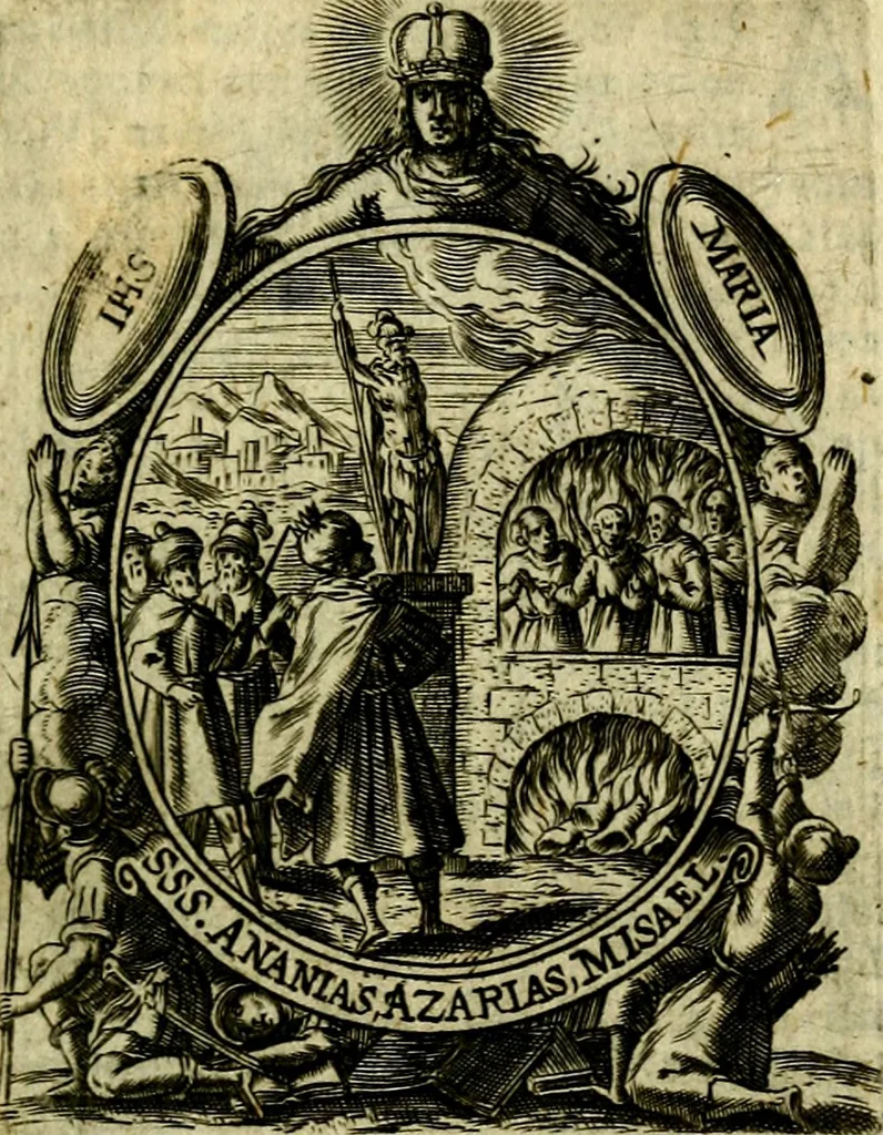 An illustration from Fasti Mariani cum illustrium diuorum imaginib. & elogijs prope DC. in singulos anni menses diésq SS. natales distributis, 1630, leaf 550