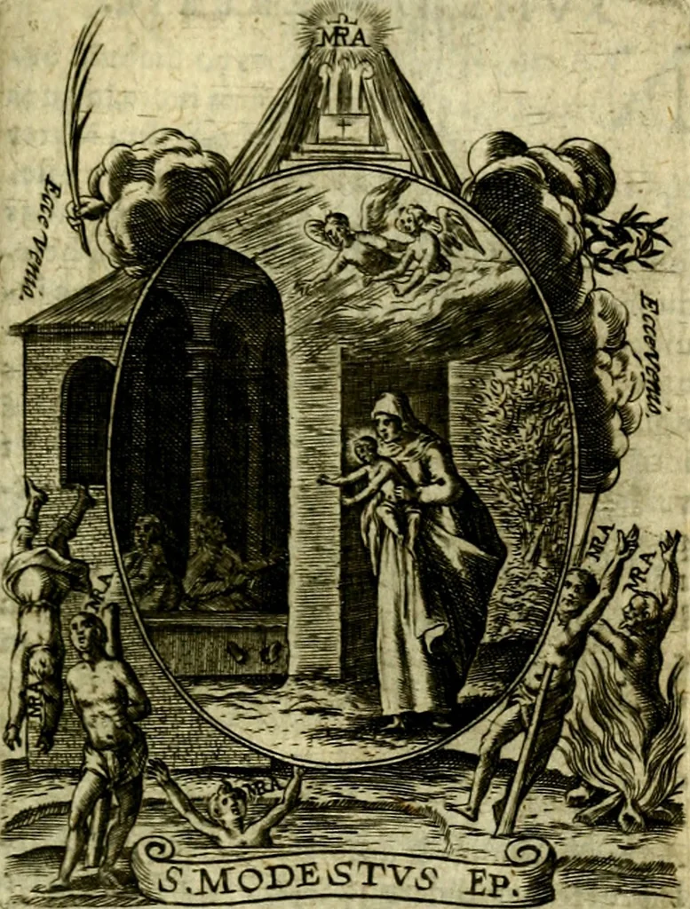 An illustration from Fasti Mariani cum illustrium diuorum imaginib. & elogijs prope DC. in singulos anni menses diésq SS. natales distributis, 1630, leaf 554