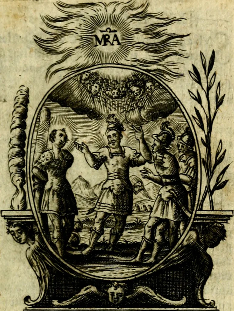 An illustration from Fasti Mariani cum illustrium diuorum imaginib. & elogijs prope DC. in singulos anni menses diésq SS. natales distributis, 1630, leaf 558