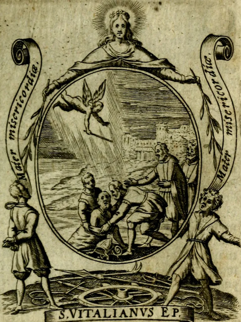 An illustration from Fasti Mariani cum illustrium diuorum imaginib. & elogijs prope DC. in singulos anni menses diésq SS. natales distributis, 1630, leaf 56