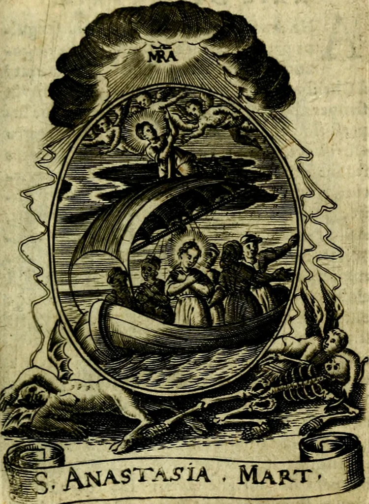 An illustration from Fasti Mariani cum illustrium diuorum imaginib. & elogijs prope DC. in singulos anni menses diésq SS. natales distributis, 1630, leaf 562