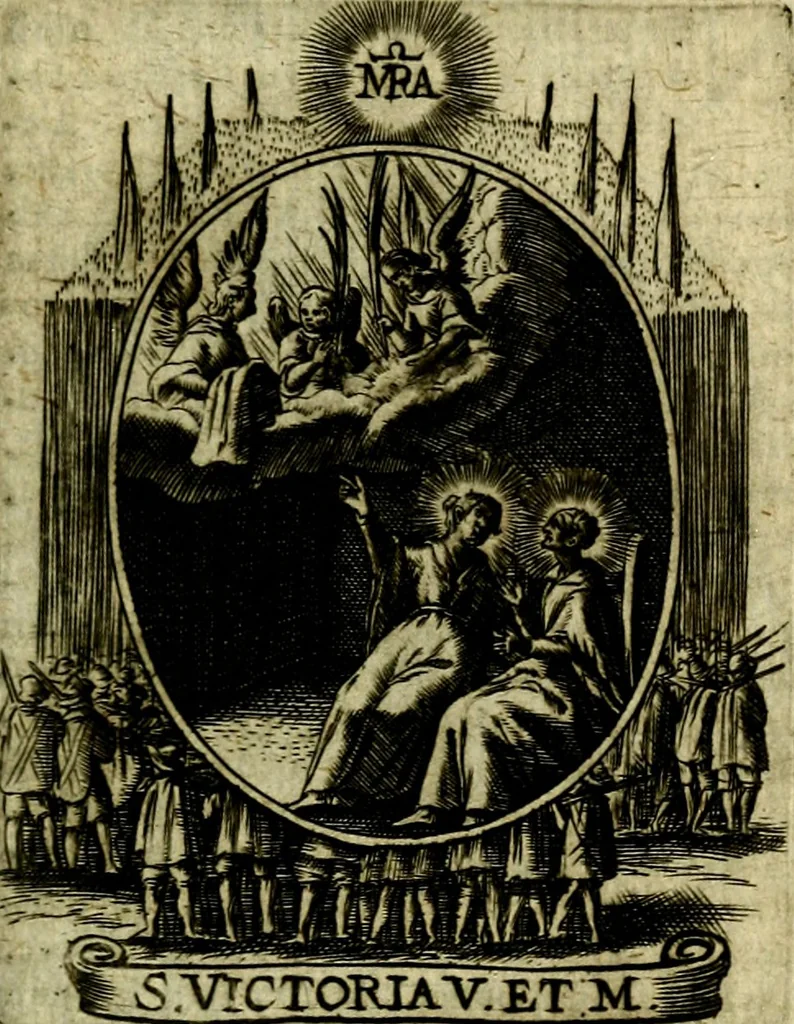An illustration from Fasti Mariani cum illustrium diuorum imaginib. & elogijs prope DC. in singulos anni menses diésq SS. natales distributis, 1630, leaf 564