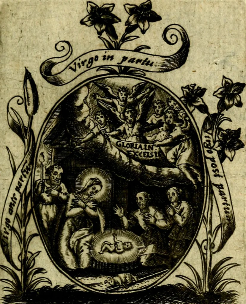 An illustration from Fasti Mariani cum illustrium diuorum imaginib. & elogijs prope DC. in singulos anni menses diésq SS. natales distributis, 1630, leaf 568