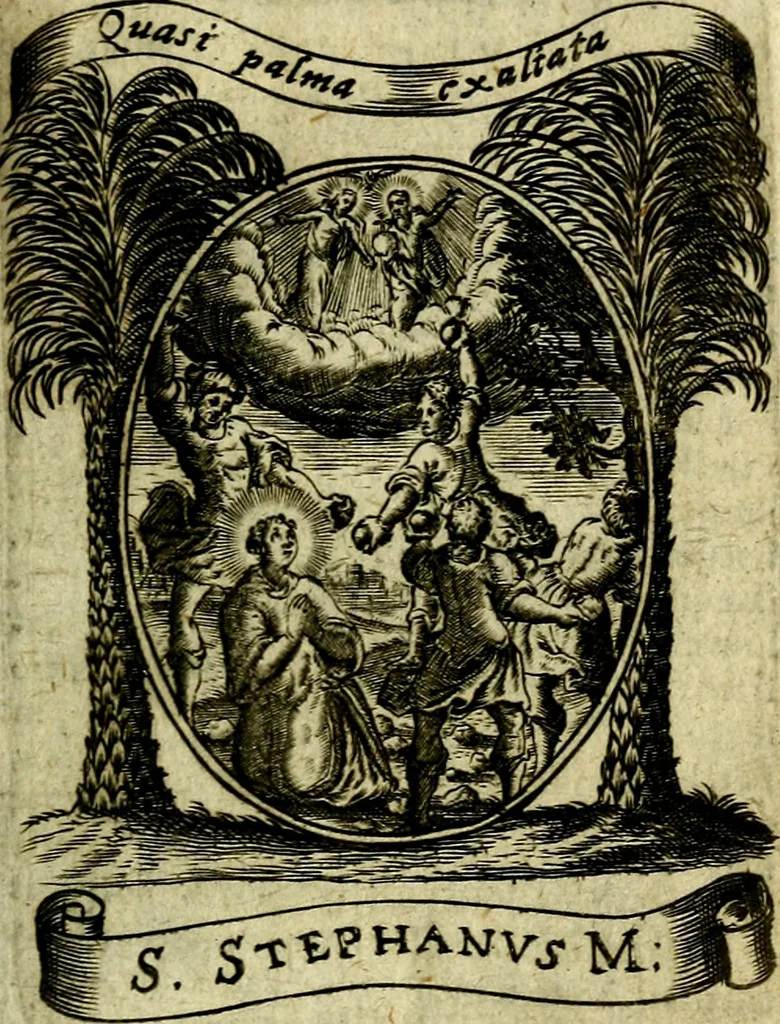 An illustration from Fasti Mariani cum illustrium diuorum imaginib. & elogijs prope DC. in singulos anni menses diésq SS. natales distributis, 1630, leaf 570