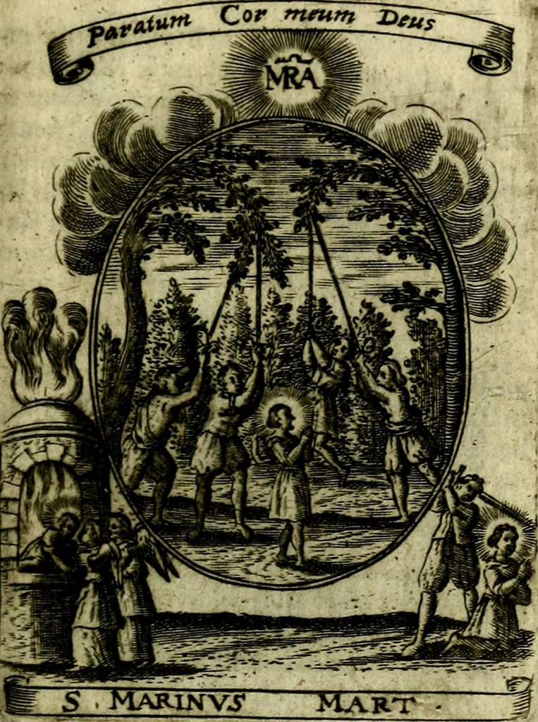 An illustration from Fasti Mariani cum illustrium diuorum imaginib. & elogijs prope DC. in singulos anni menses diésq SS. natales distributis, 1630, leaf 572