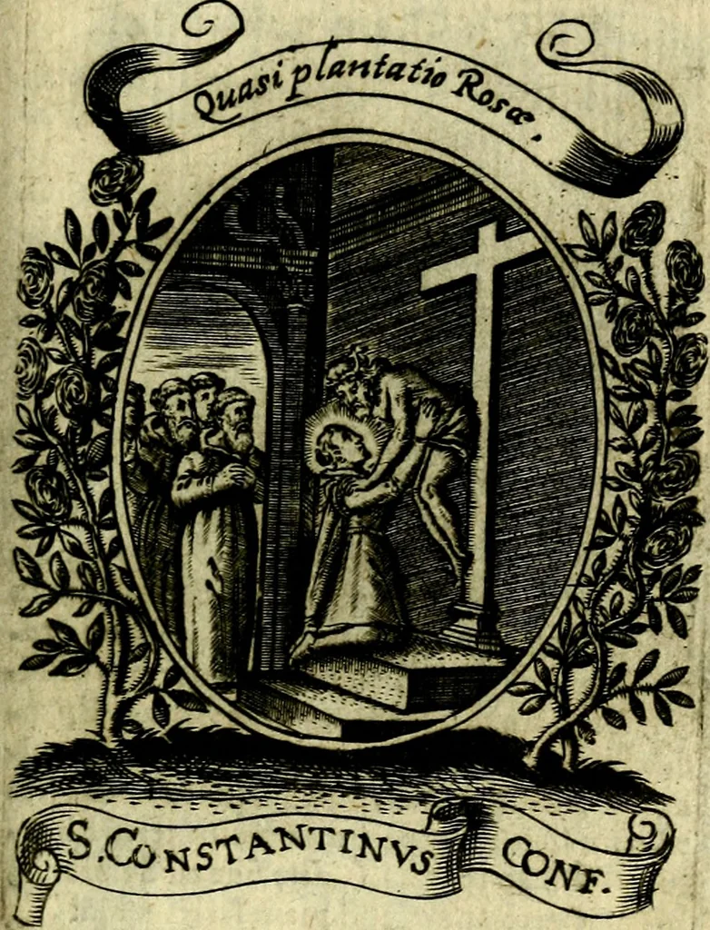 An illustration from Fasti Mariani cum illustrium diuorum imaginib. & elogijs prope DC. in singulos anni menses diésq SS. natales distributis, 1630, leaf 576
