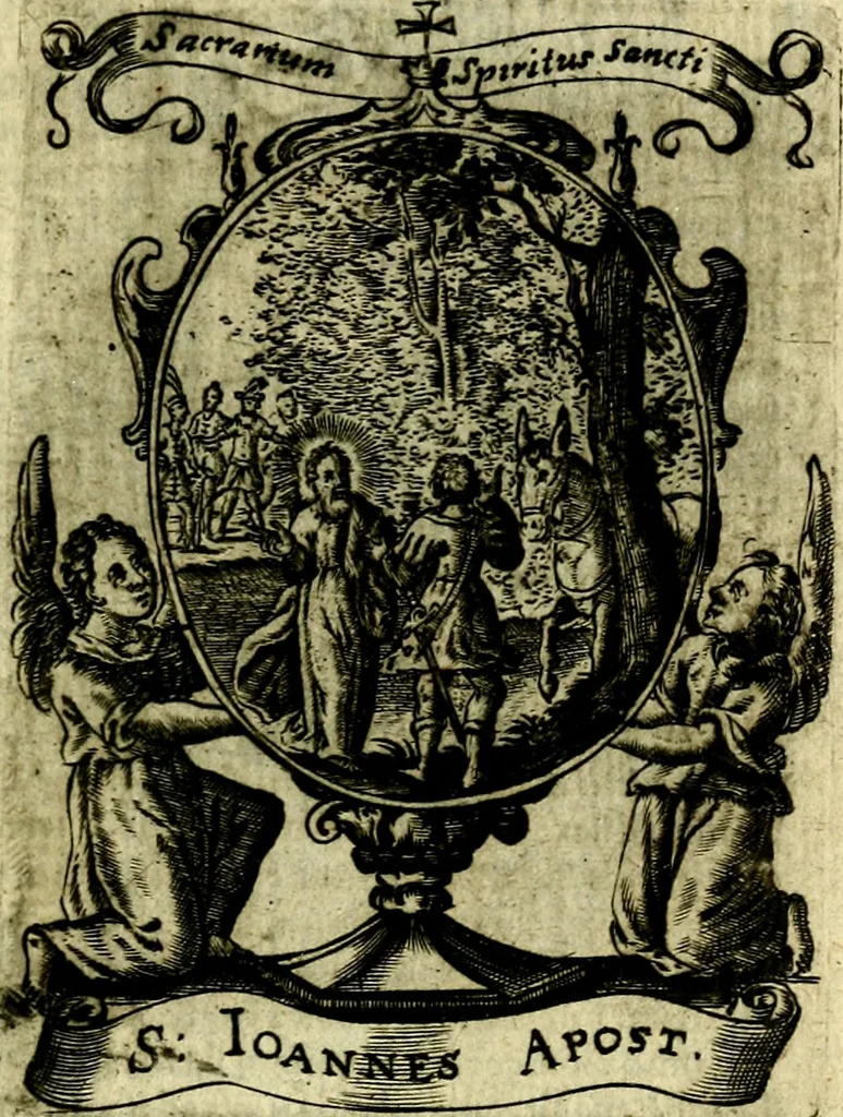 An illustration from Fasti Mariani cum illustrium diuorum imaginib. & elogijs prope DC. in singulos anni menses diésq SS. natales distributis, 1630, leaf 578