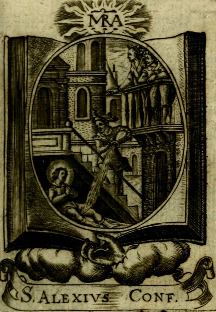 An illustration from Fasti Mariani cum illustrium diuorum imaginib. & elogijs prope DC. in singulos anni menses diésq SS. natales distributis, 1630, leaf 58