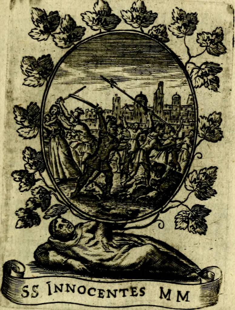 An illustration from Fasti Mariani cum illustrium diuorum imaginib. & elogijs prope DC. in singulos anni menses diésq SS. natales distributis, 1630, leaf 580