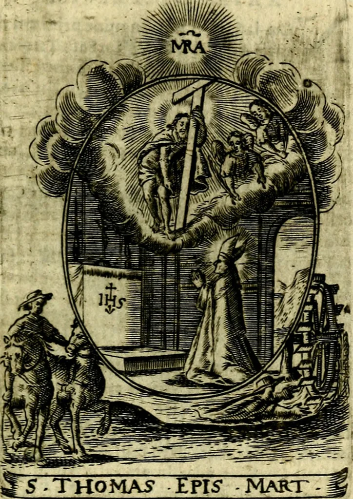 An illustration from Fasti Mariani cum illustrium diuorum imaginib. & elogijs prope DC. in singulos anni menses diésq SS. natales distributis, 1630, leaf 582