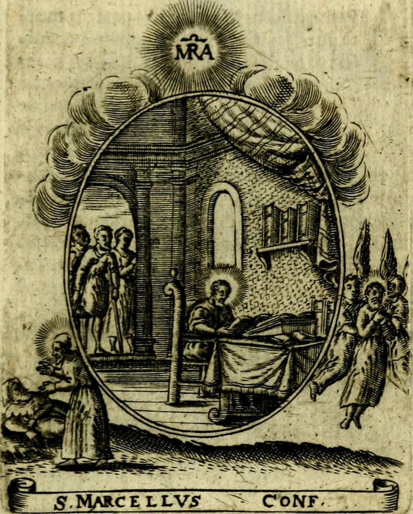 An illustration from Fasti Mariani cum illustrium diuorum imaginib. & elogijs prope DC. in singulos anni menses diésq SS. natales distributis, 1630, leaf 584