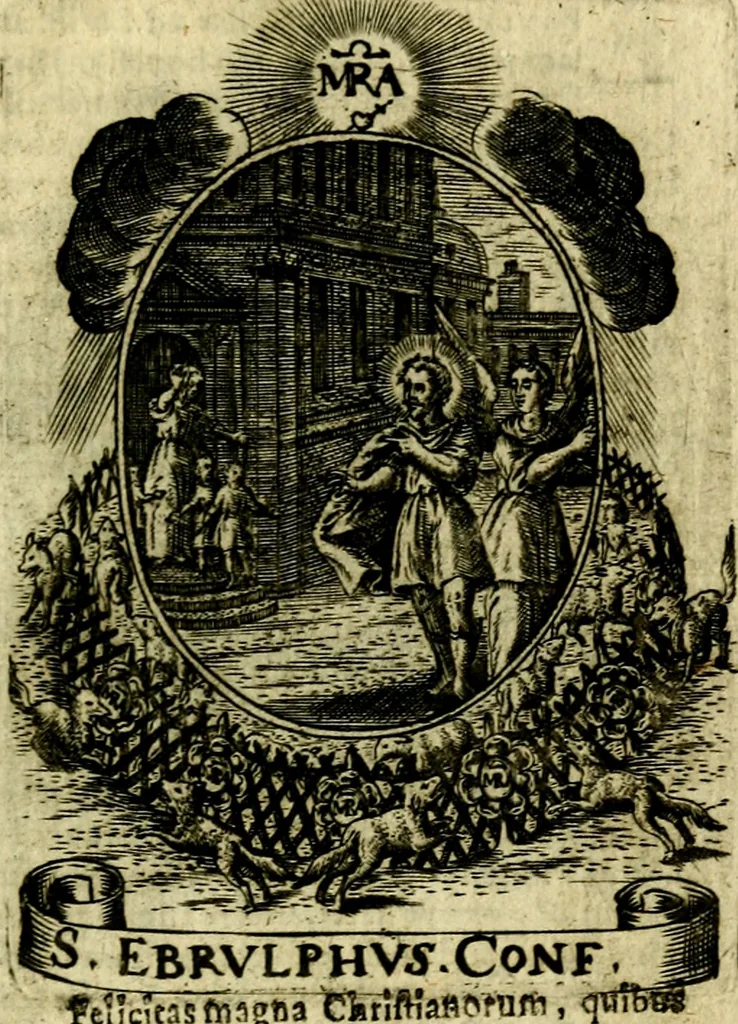 An illustration from Fasti Mariani cum illustrium diuorum imaginib. & elogijs prope DC. in singulos anni menses diésq SS. natales distributis, 1630, leaf 586