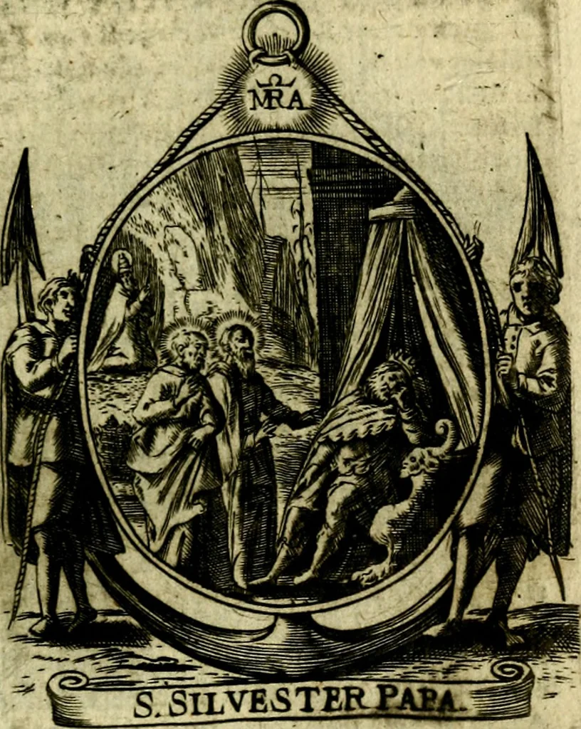 An illustration from Fasti Mariani cum illustrium diuorum imaginib. & elogijs prope DC. in singulos anni menses diésq SS. natales distributis, 1630, leaf 590