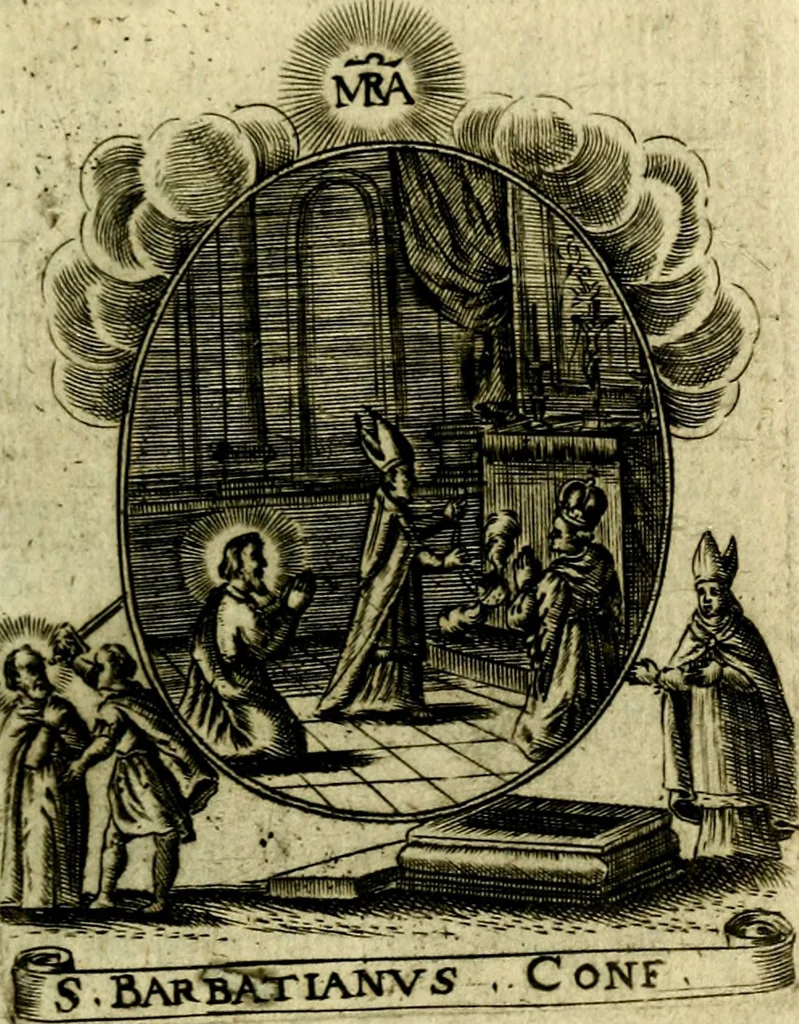 An illustration from Fasti Mariani cum illustrium diuorum imaginib. & elogijs prope DC. in singulos anni menses diésq SS. natales distributis, 1630, leaf 592