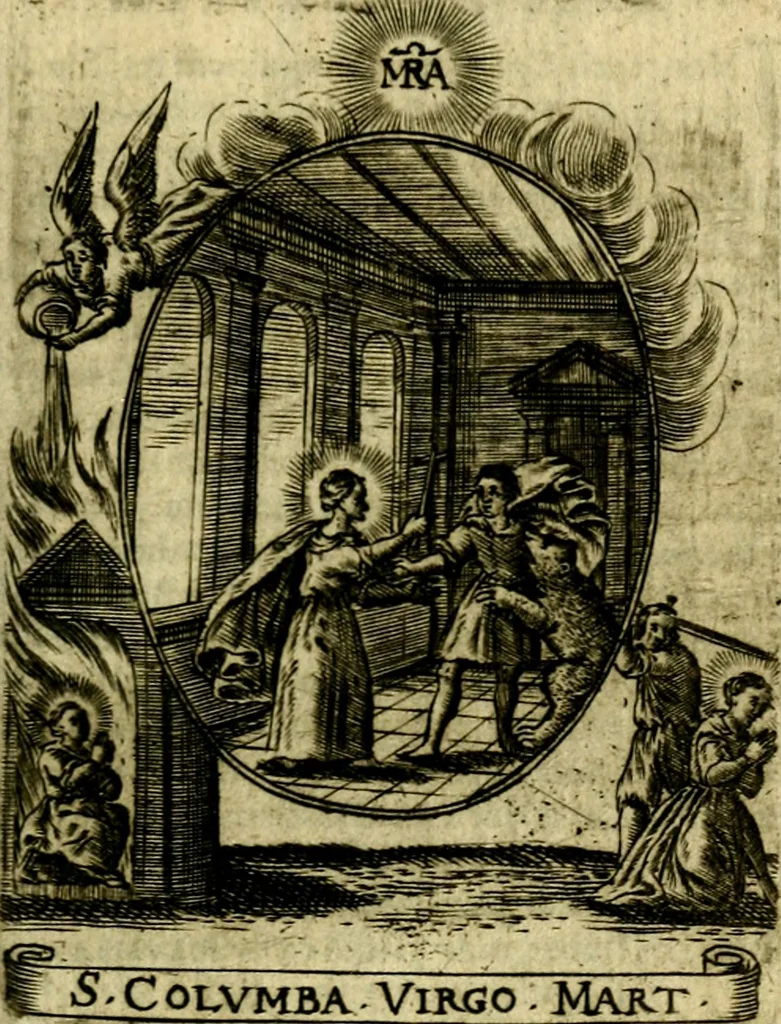 An illustration from Fasti Mariani cum illustrium diuorum imaginib. & elogijs prope DC. in singulos anni menses diésq SS. natales distributis, 1630, leaf 594