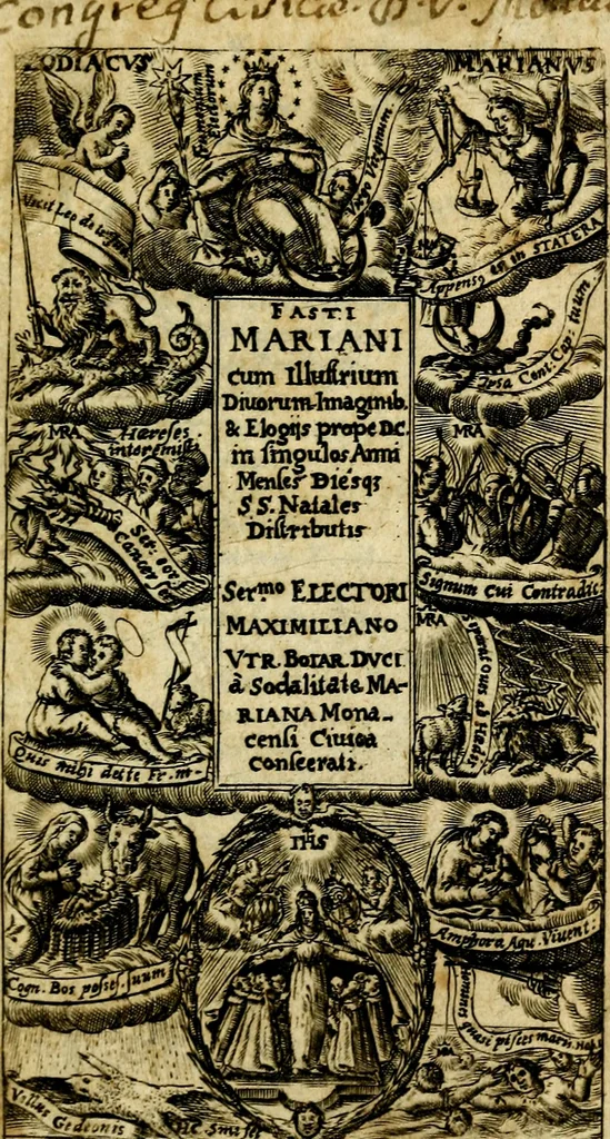 An illustration from Fasti Mariani cum illustrium diuorum imaginib. & elogijs prope DC. in singulos anni menses diésq SS. natales distributis, 1630, leaf 6