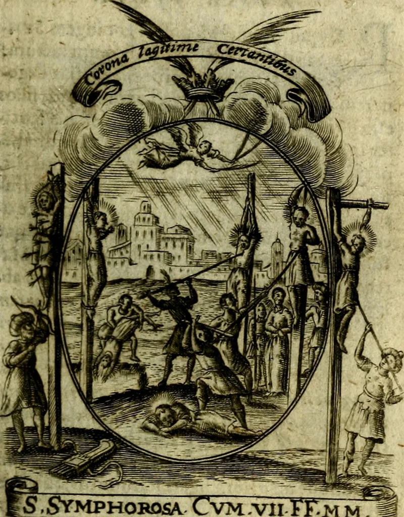 An illustration from Fasti Mariani cum illustrium diuorum imaginib. & elogijs prope DC. in singulos anni menses diésq SS. natales distributis, 1630, leaf 60